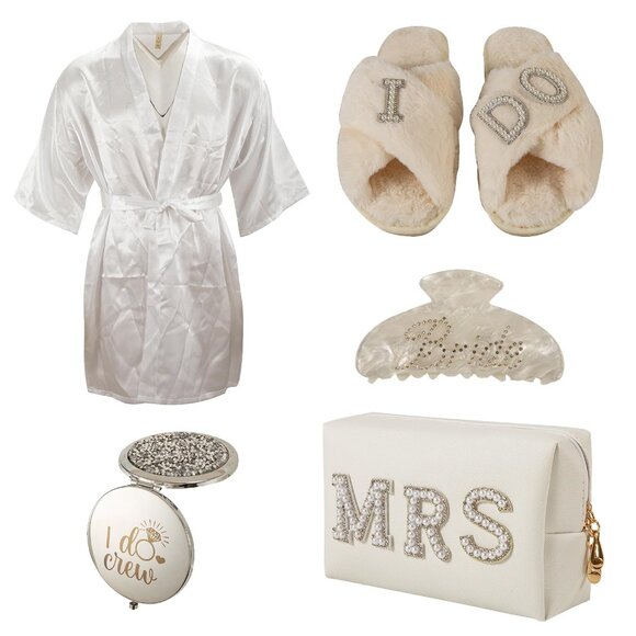 Bride Gift Set: Satin Robe Slippers Makeup Bag Mirror Hair Clip